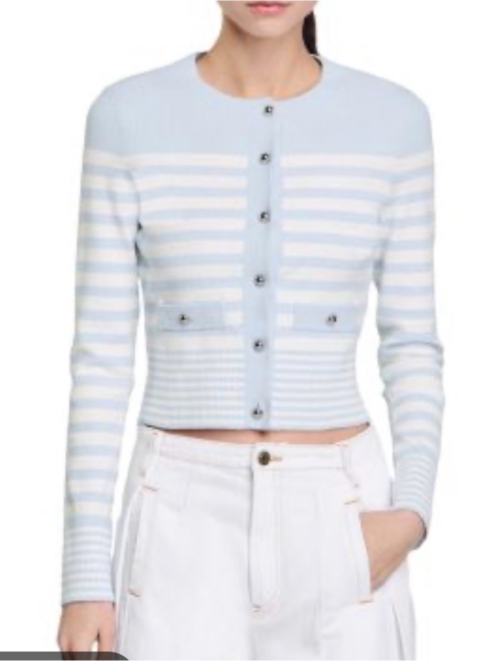 Sandro Light Blue & White Striped Cropped Cardigan